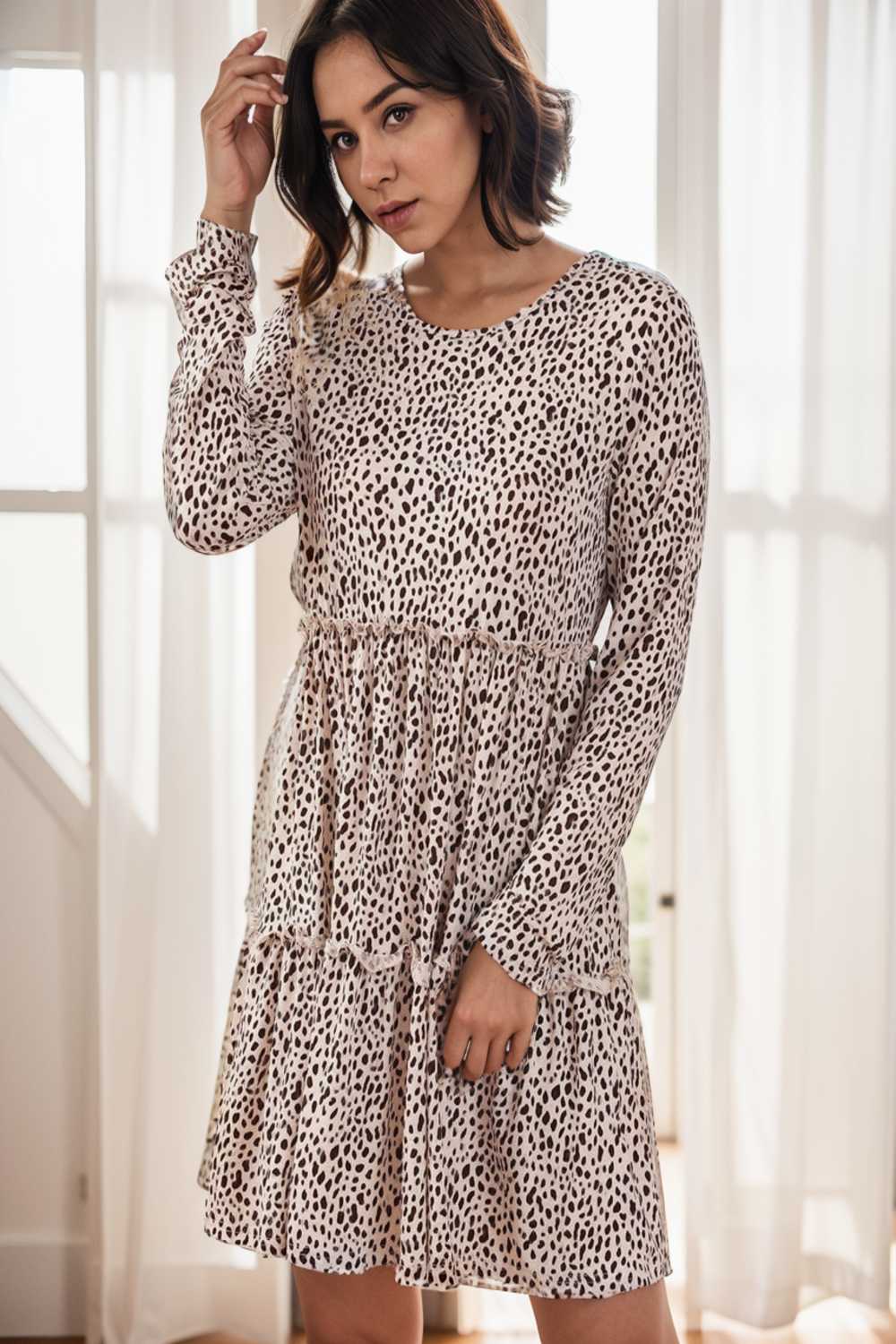 loose leopard print v neck dress drop shoulder a line closed cape paneled 147690