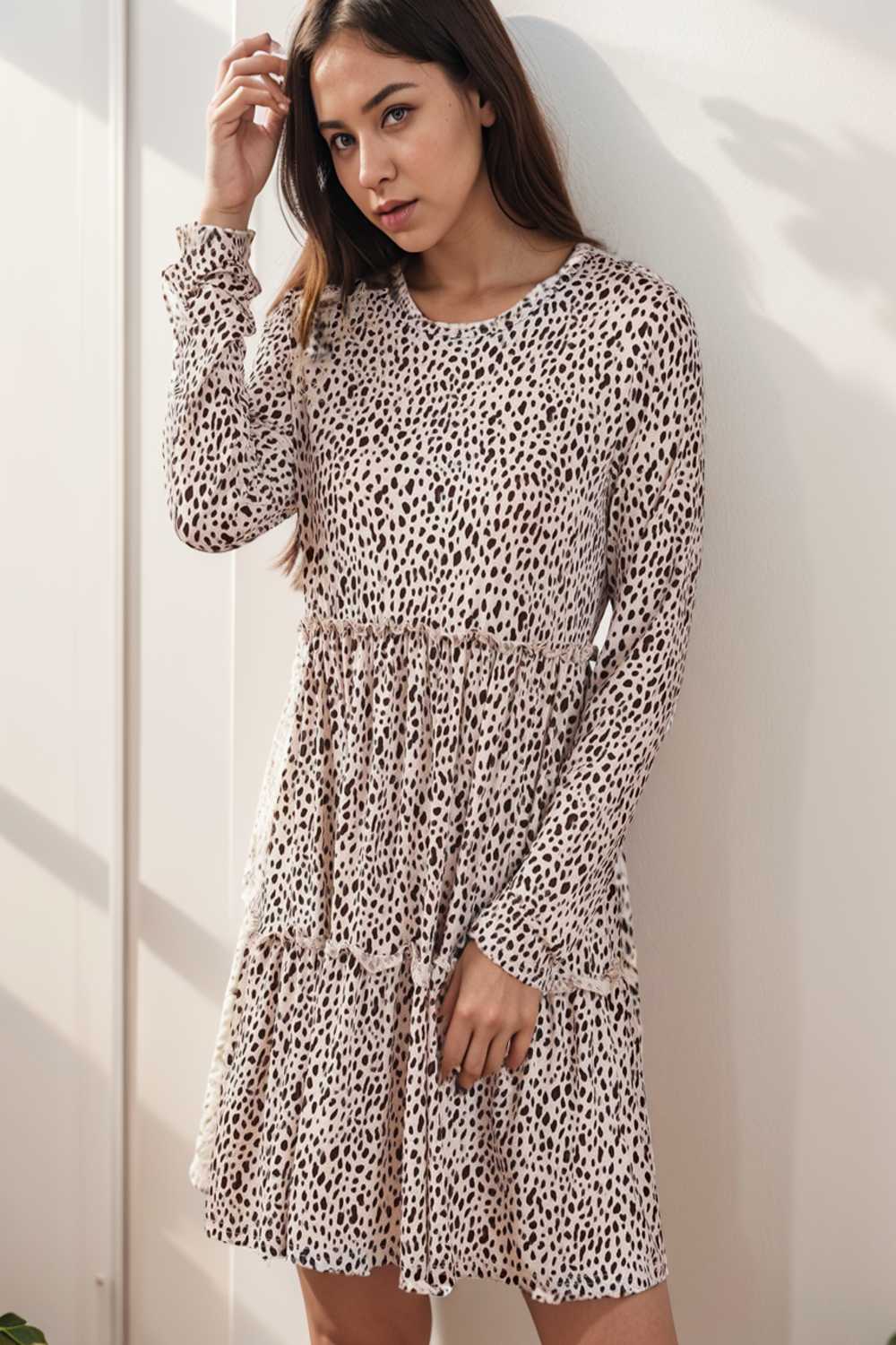 loose leopard print v neck dress drop shoulder a line closed cape paneled 133108
