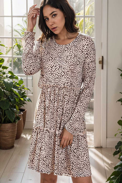 loose leopard print v neck dress drop shoulder a line closed cape paneled 129932
