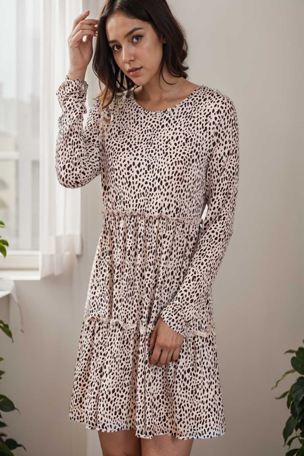 loose leopard print v neck dress drop shoulder a line closed cape paneled 117641