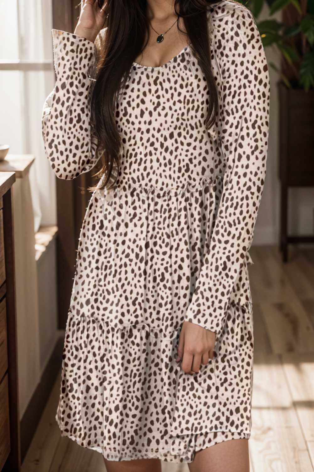 loose leopard print v neck dress drop shoulder a line closed cape paneled 108575