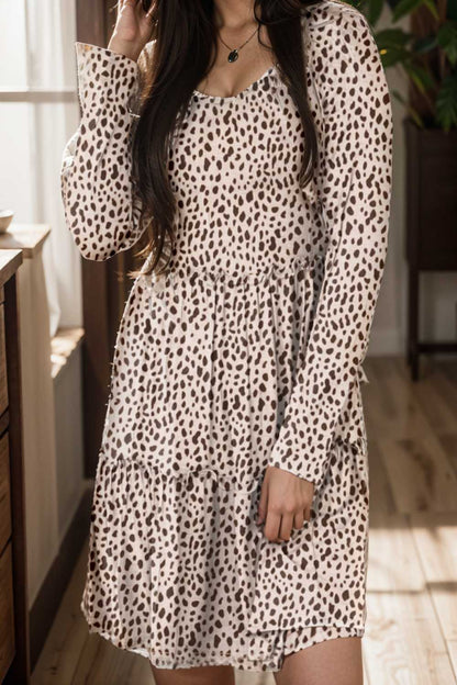 loose leopard print v neck dress drop shoulder a line closed cape paneled 108575