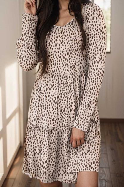 loose leopard print v neck dress drop shoulder a line closed cape paneled 105176