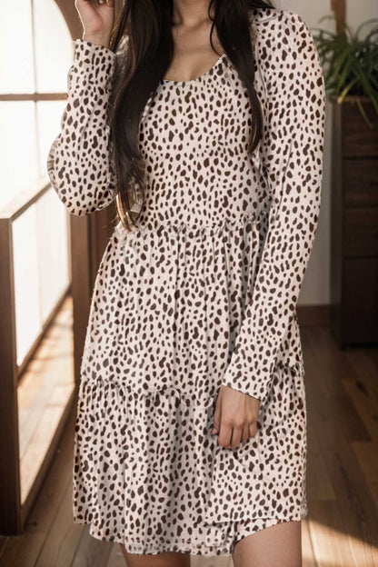 loose leopard print v neck dress drop shoulder a line closed cape paneled 135738