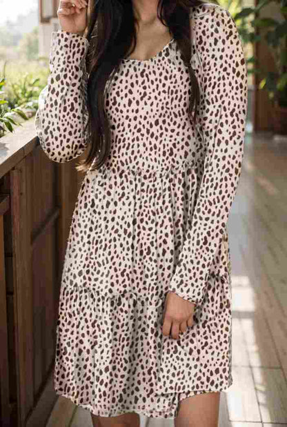 loose leopard print v neck dress drop shoulder a line closed cape paneled 131196