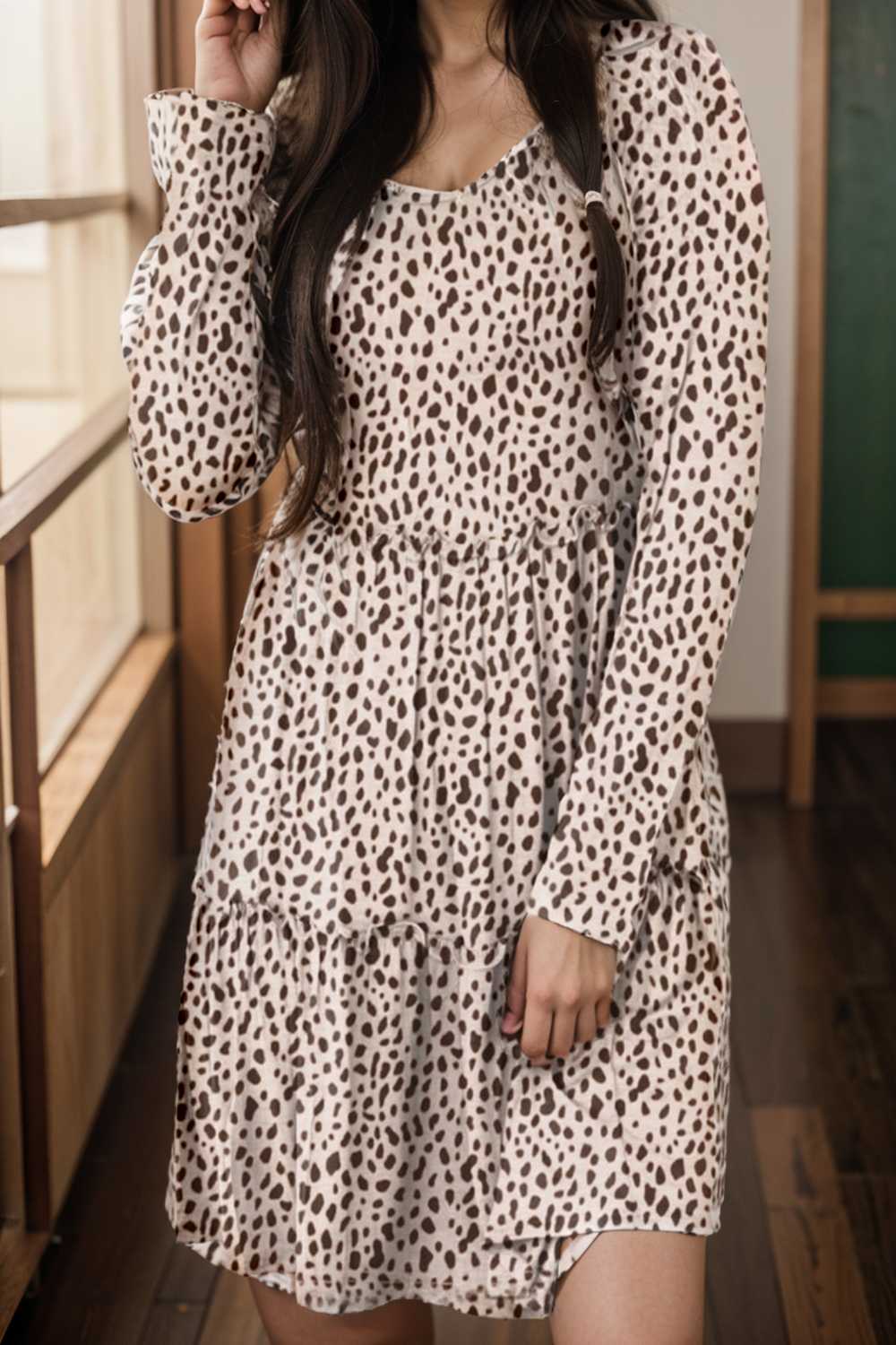 loose leopard print v neck dress drop shoulder a line closed cape paneled 132945