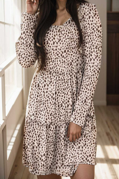 loose leopard print v neck dress drop shoulder a line closed cape paneled 135997