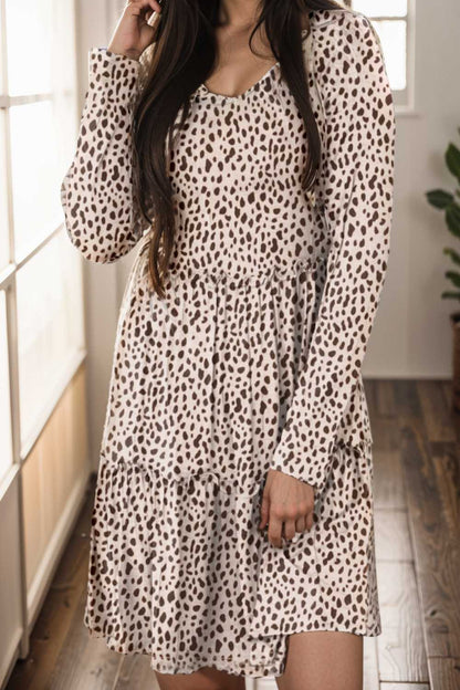 loose leopard print v neck dress drop shoulder a line closed cape paneled 133215