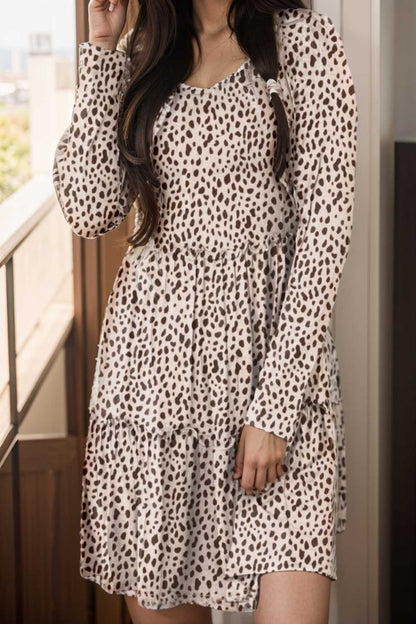 loose leopard print v neck dress drop shoulder a line closed cape paneled 122872