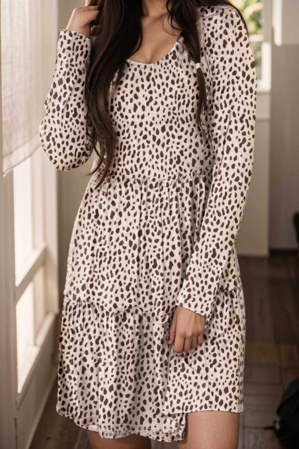 loose leopard print v neck dress drop shoulder a line closed cape paneled 106646