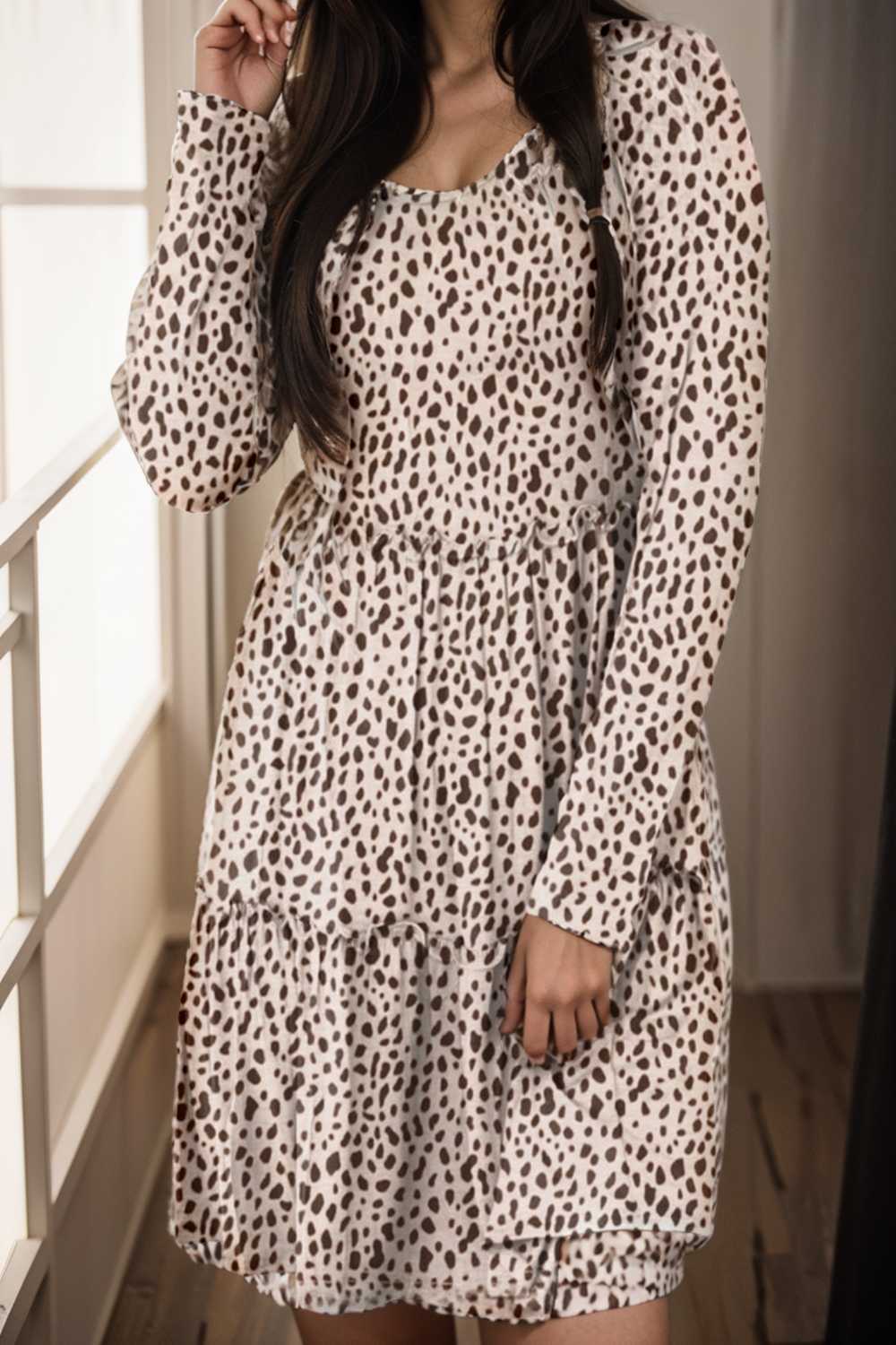loose leopard print v neck dress drop shoulder a line closed cape paneled 133107