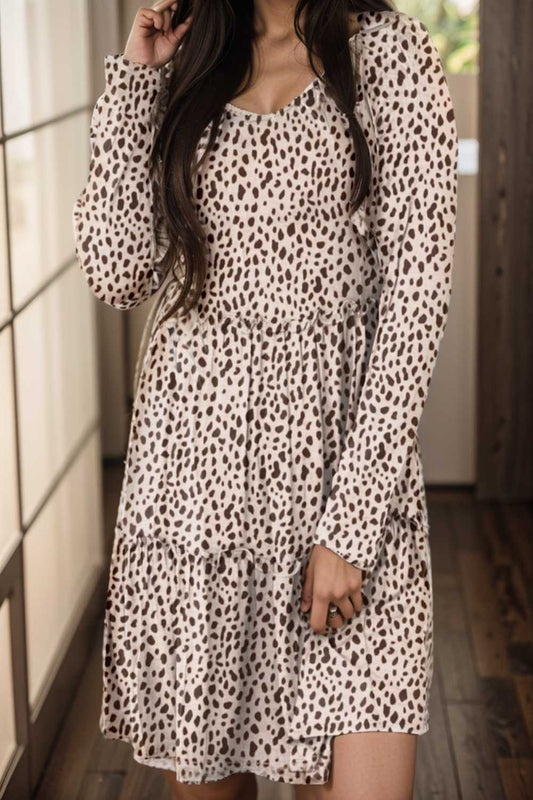 loose leopard print v neck dress drop shoulder a line closed cape paneled 136711