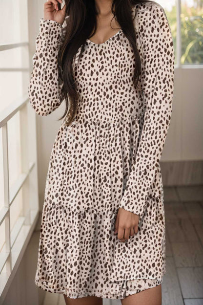 loose leopard print v neck dress drop shoulder a line closed cape paneled 116219