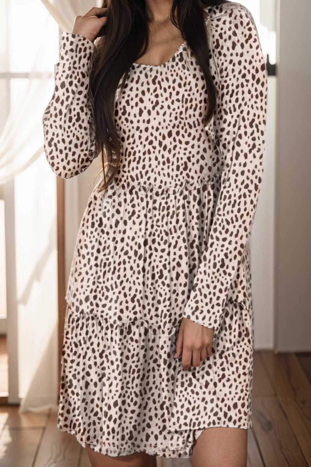 loose leopard print v neck dress drop shoulder a line closed cape paneled 132944