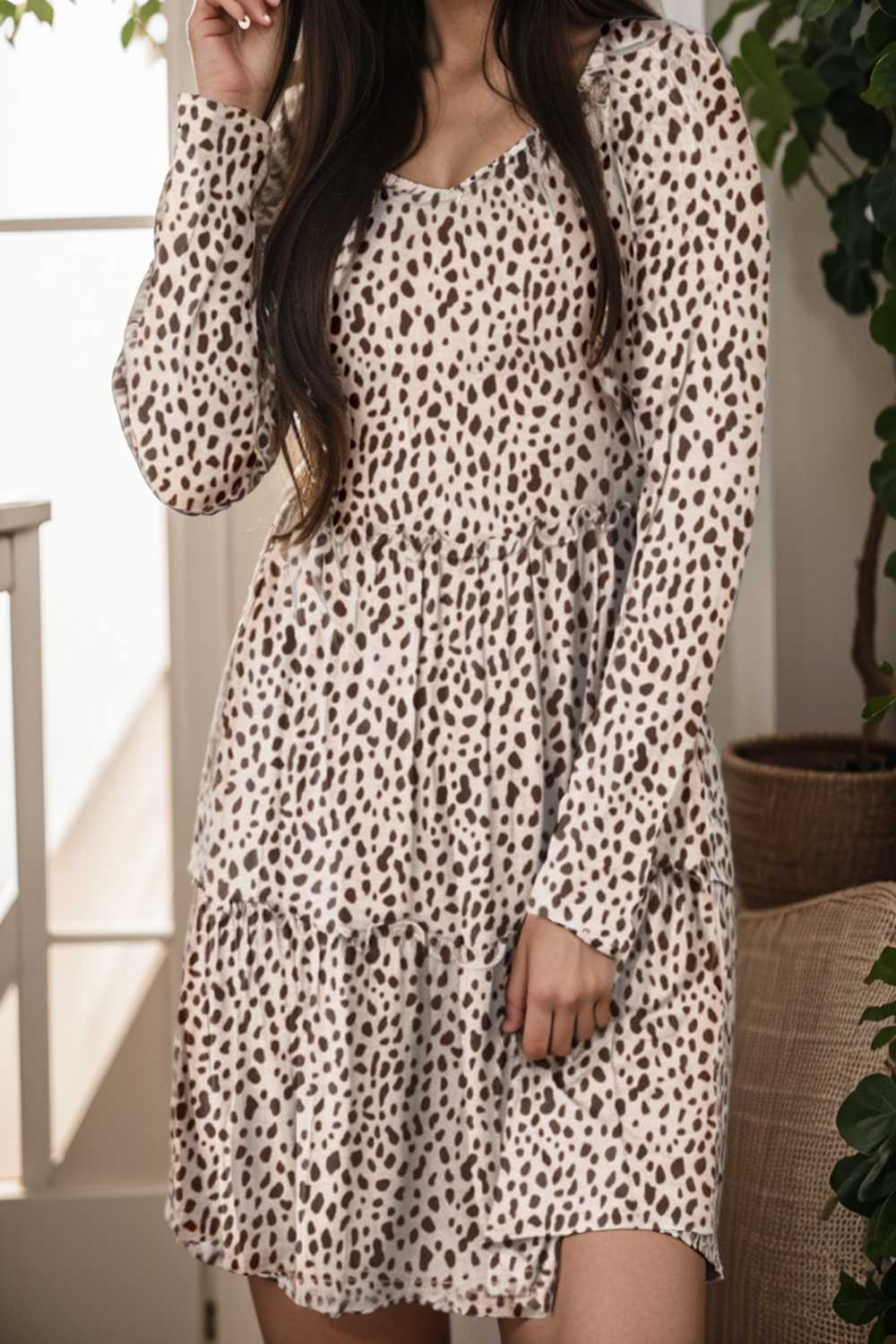 loose leopard print v neck dress drop shoulder a line closed cape paneled 135408