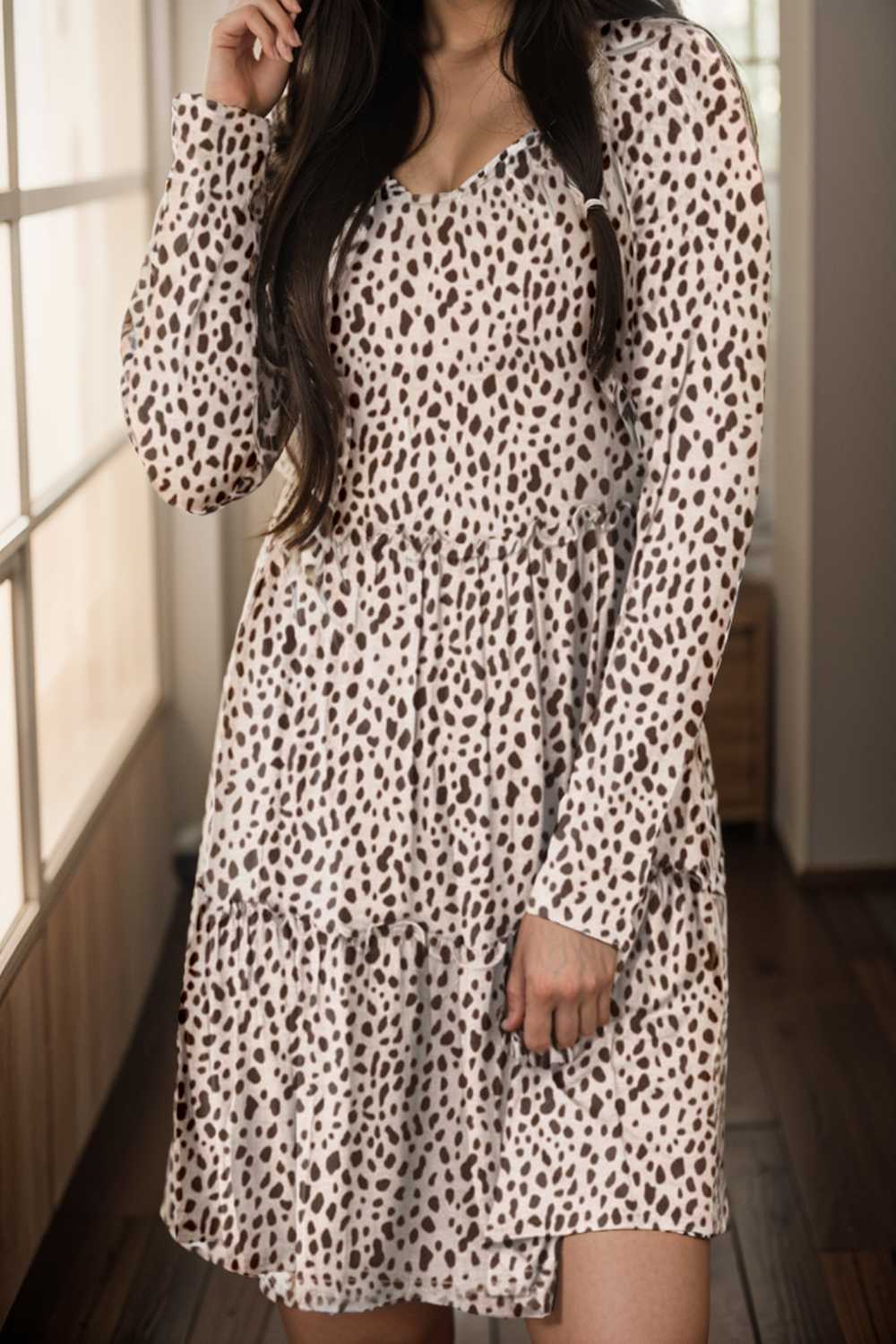 loose leopard print v neck dress drop shoulder a line closed cape paneled 105174