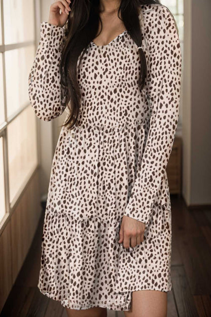 loose leopard print v neck dress drop shoulder a line closed cape paneled 105174