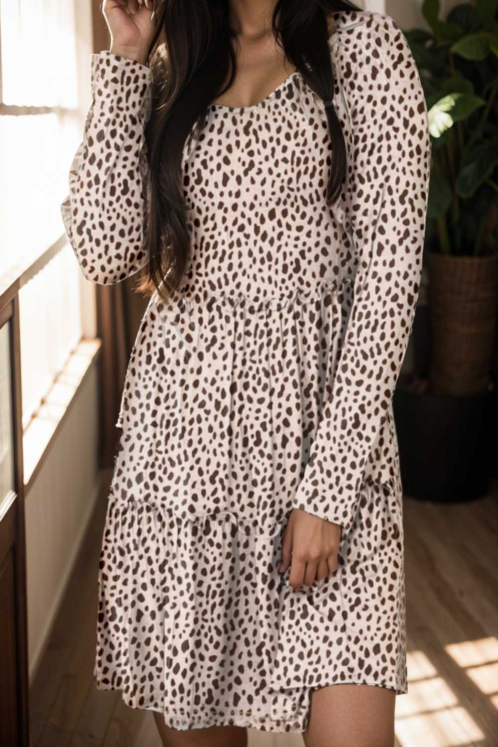 loose leopard print v neck dress drop shoulder a line closed cape paneled 132943