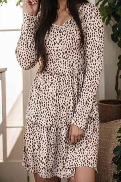 loose leopard print v neck dress drop shoulder a line closed cape paneled 147687