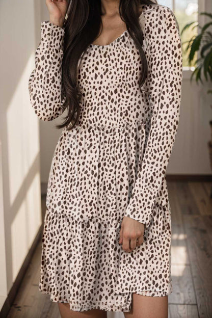loose leopard print v neck dress drop shoulder a line closed cape paneled 133211