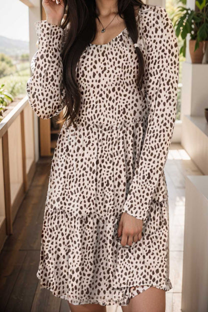 loose leopard print v neck dress drop shoulder a line closed cape paneled 105172
