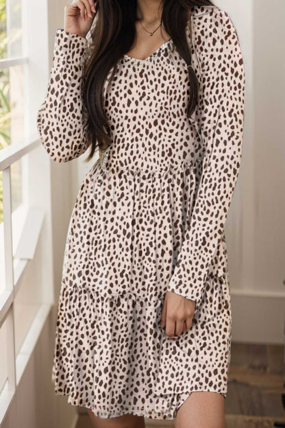 loose leopard print v neck dress drop shoulder a line closed cape paneled 106514
