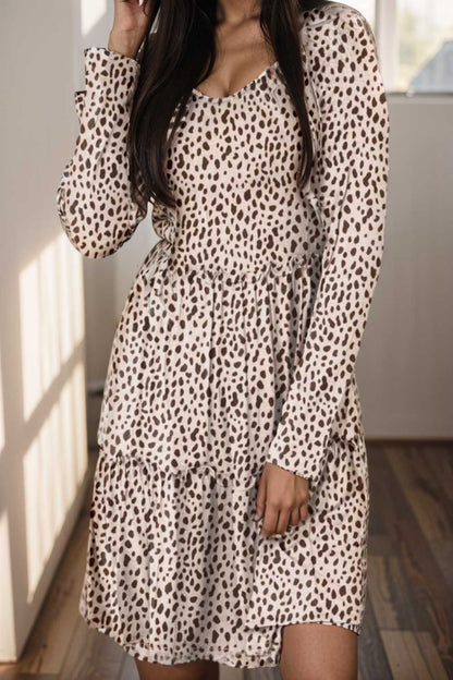 loose leopard print v neck dress drop shoulder a line closed cape paneled 129916