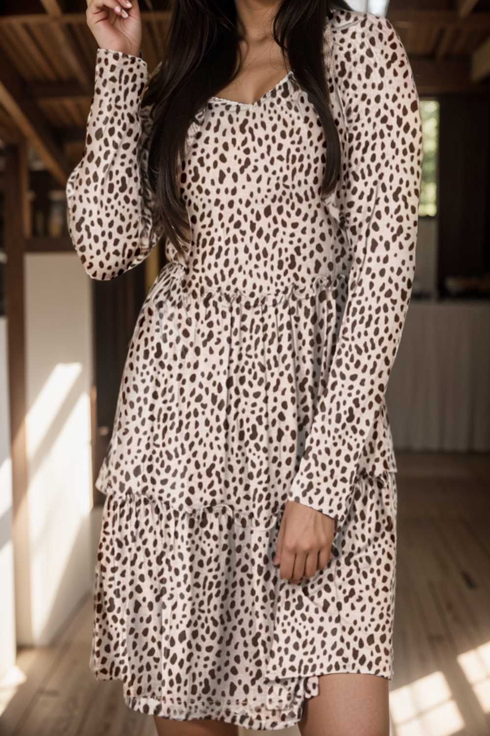 loose leopard print v neck dress drop shoulder a line closed cape paneled 132940