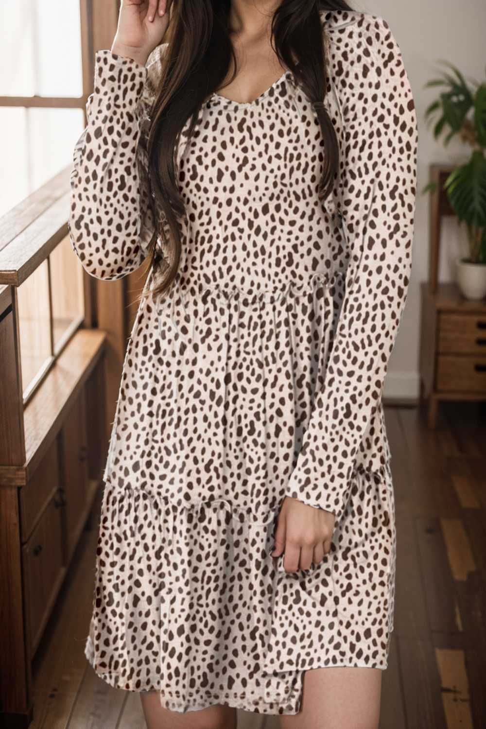 loose leopard print v neck dress drop shoulder a line closed cape paneled 106513