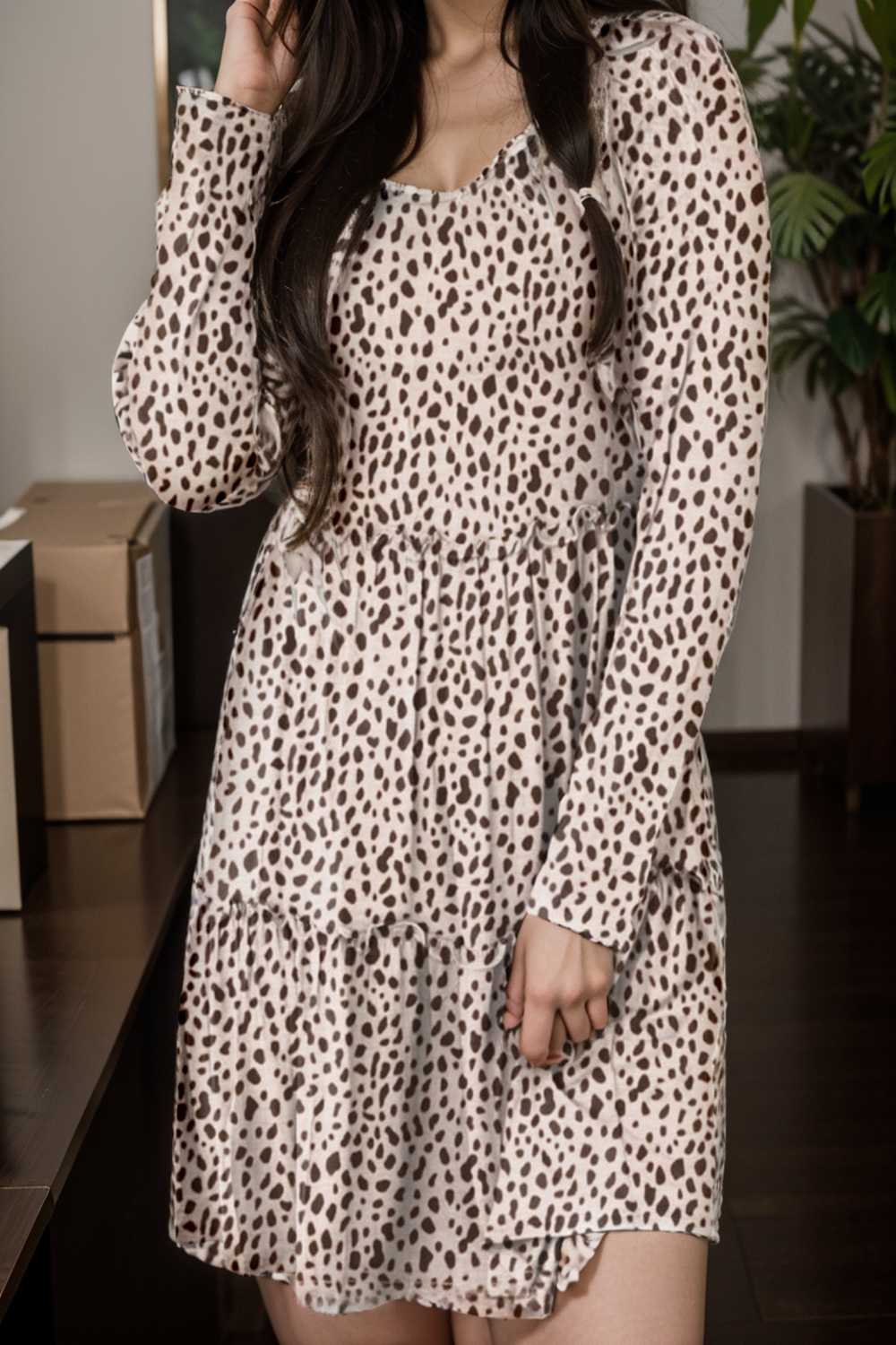 loose leopard print v neck dress drop shoulder a line closed cape paneled 123125