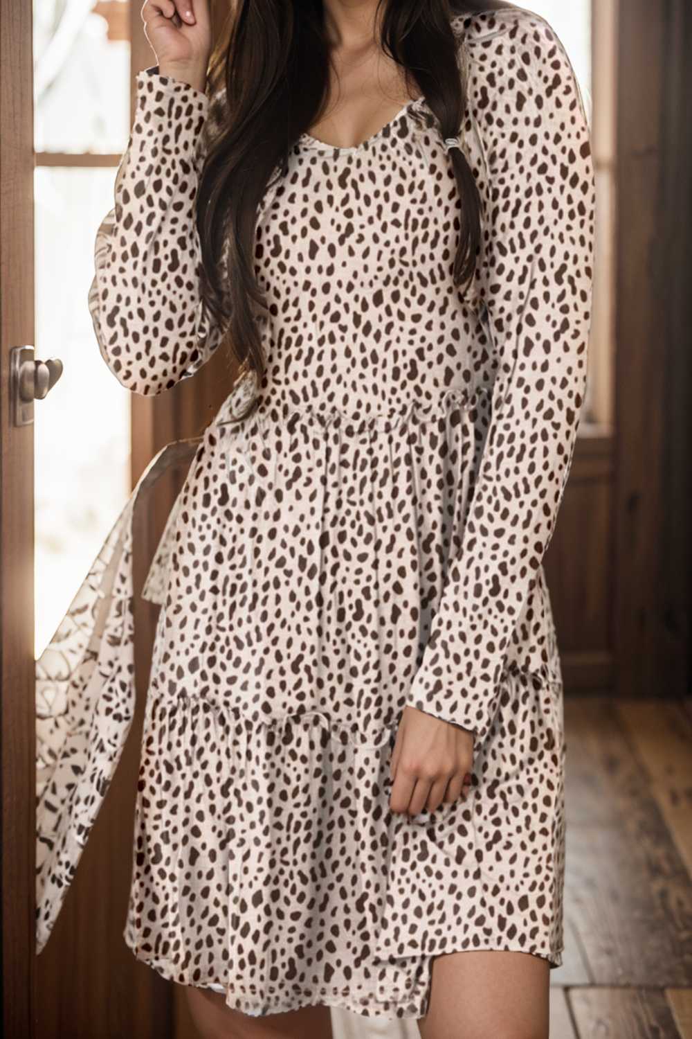 loose leopard print v neck dress drop shoulder a line closed cape paneled 143616