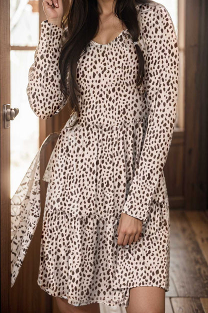 loose leopard print v neck dress drop shoulder a line closed cape paneled 143616