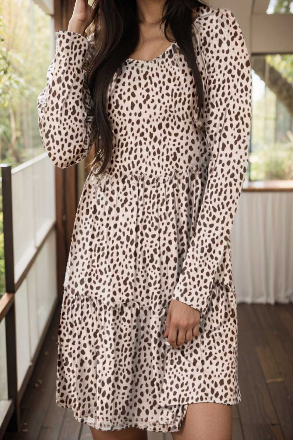 loose leopard print v neck dress drop shoulder a line closed cape paneled 105170