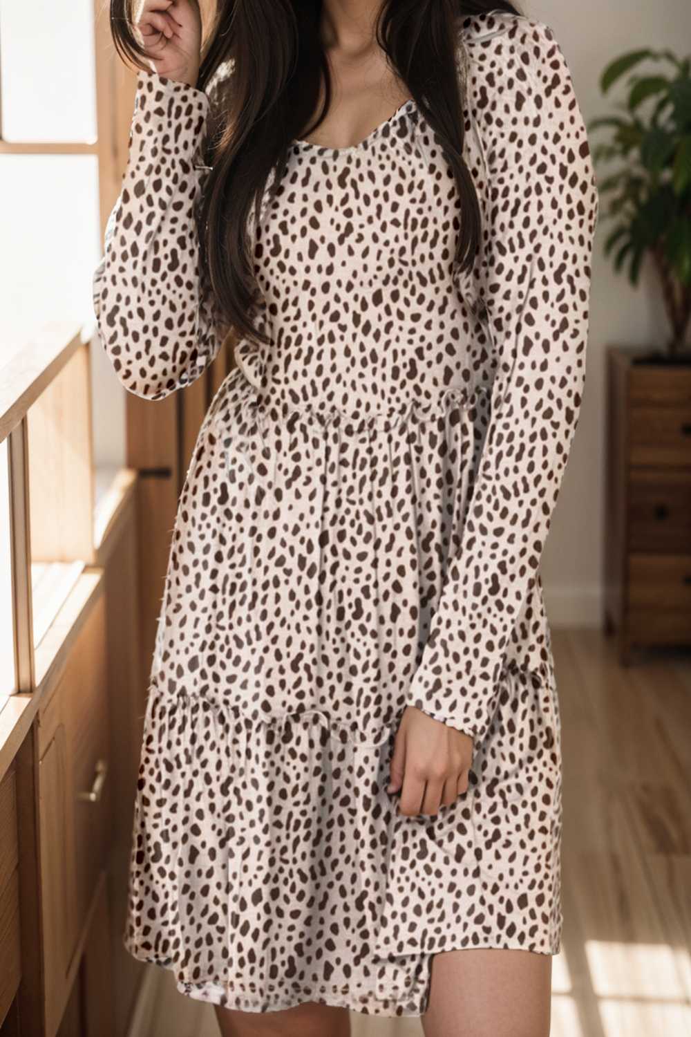 loose leopard print v neck dress drop shoulder a line closed cape paneled 132938