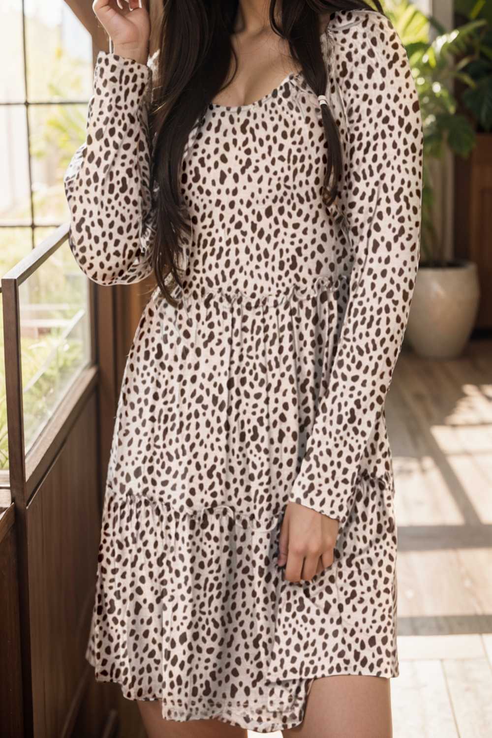 loose leopard print v neck dress drop shoulder a line closed cape paneled 106511