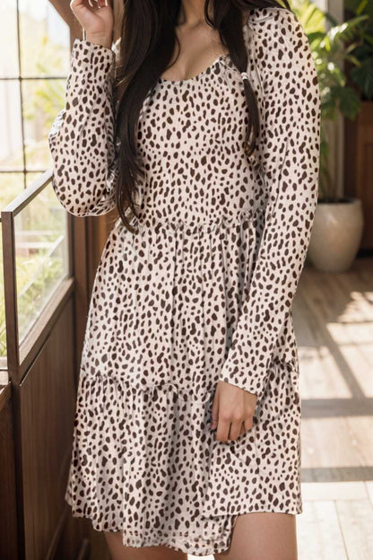 loose leopard print v neck dress drop shoulder a line closed cape paneled 106511