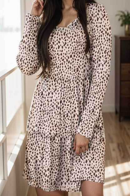 loose leopard print v neck dress drop shoulder a line closed cape paneled 105169