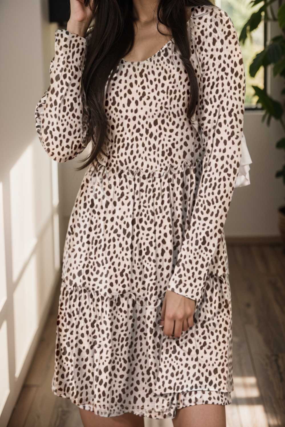 loose leopard print v neck dress drop shoulder a line closed cape paneled 132937