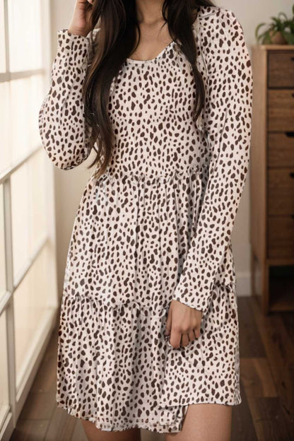 loose leopard print v neck dress drop shoulder a line closed cape paneled 116210