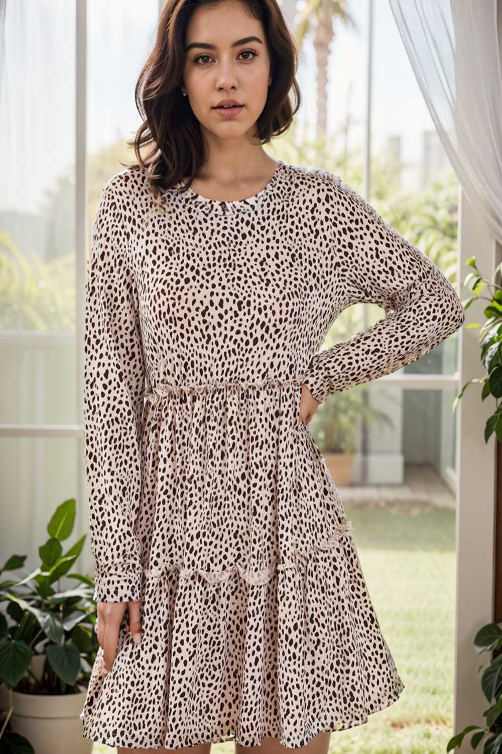 loose leopard print v neck dress drop shoulder a line closed cape paneled 106506
