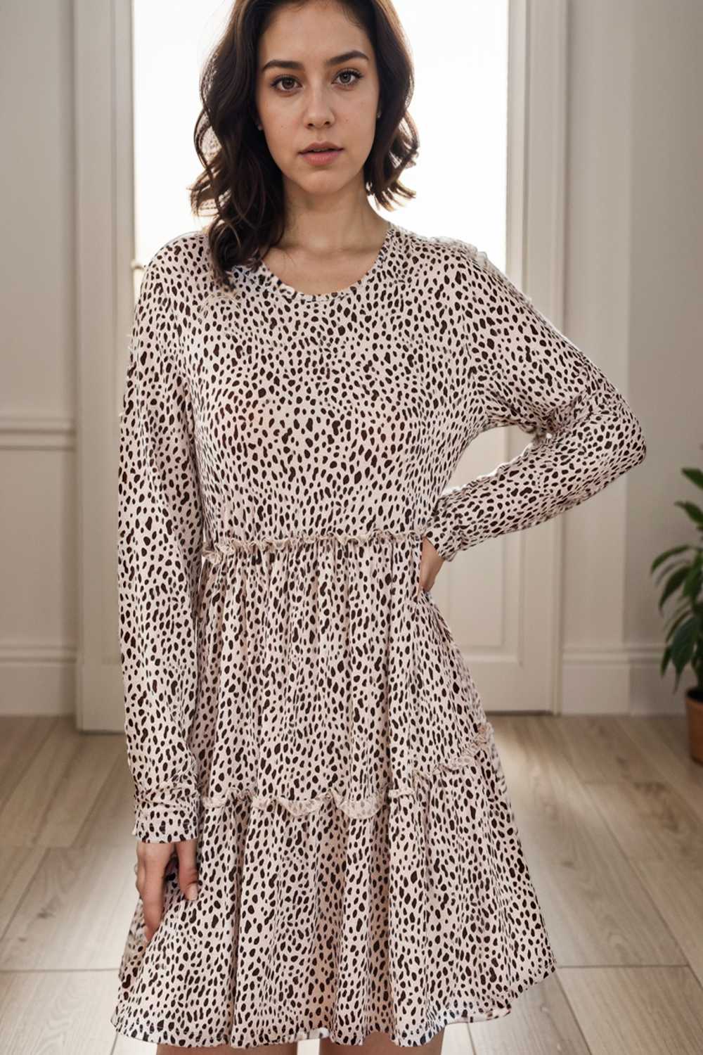 loose leopard print v neck dress drop shoulder a line closed cape paneled 105168