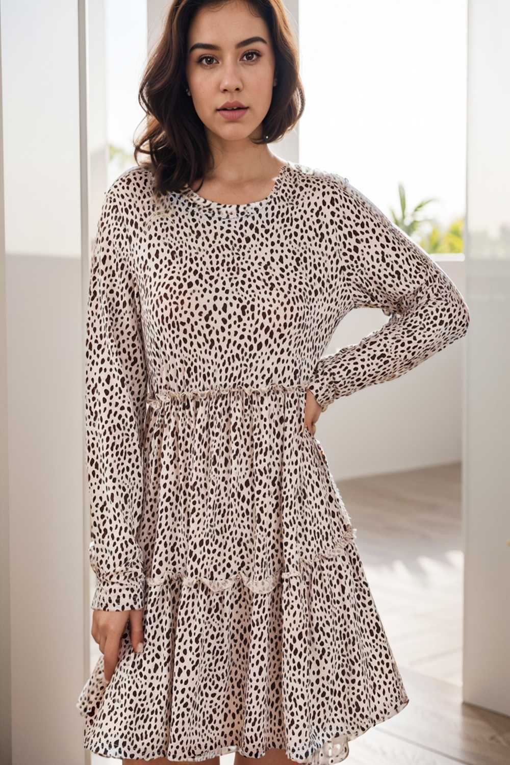 loose leopard print v neck dress drop shoulder a line closed cape paneled 135399