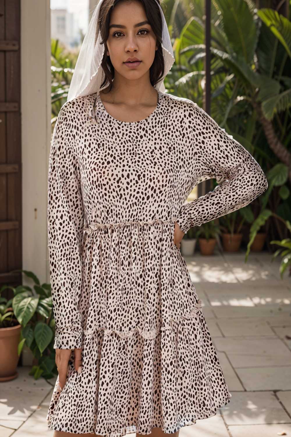 loose leopard print v neck dress drop shoulder a line closed cape paneled 107953