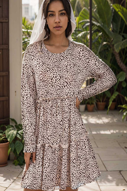 loose leopard print v neck dress drop shoulder a line closed cape paneled 107953