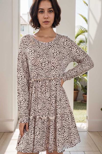 loose leopard print v neck dress drop shoulder a line closed cape paneled 130065
