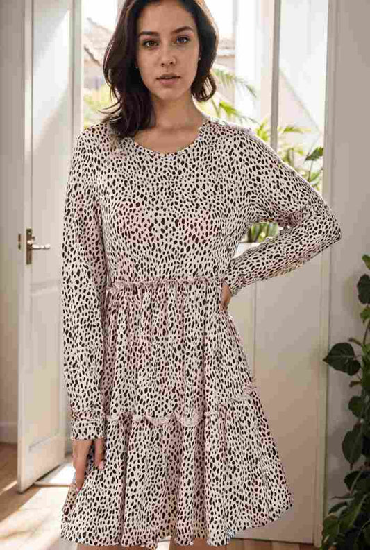 loose leopard print v neck dress drop shoulder a line closed cape paneled 113565