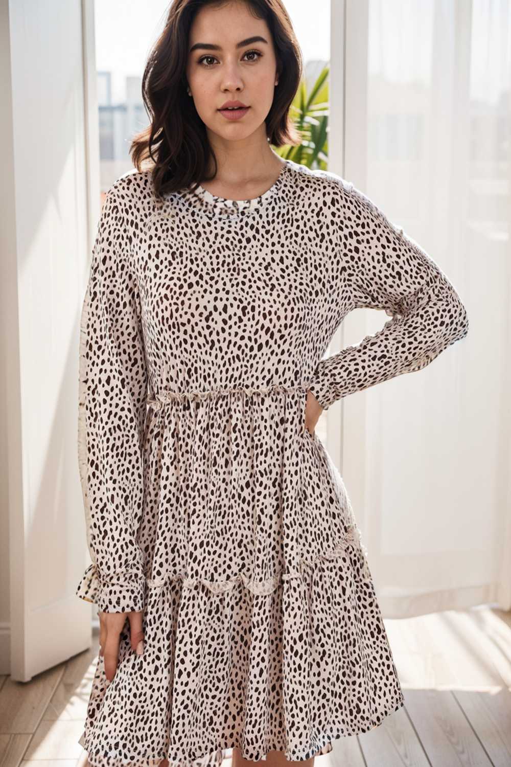 loose leopard print v neck dress drop shoulder a line closed cape paneled 106645