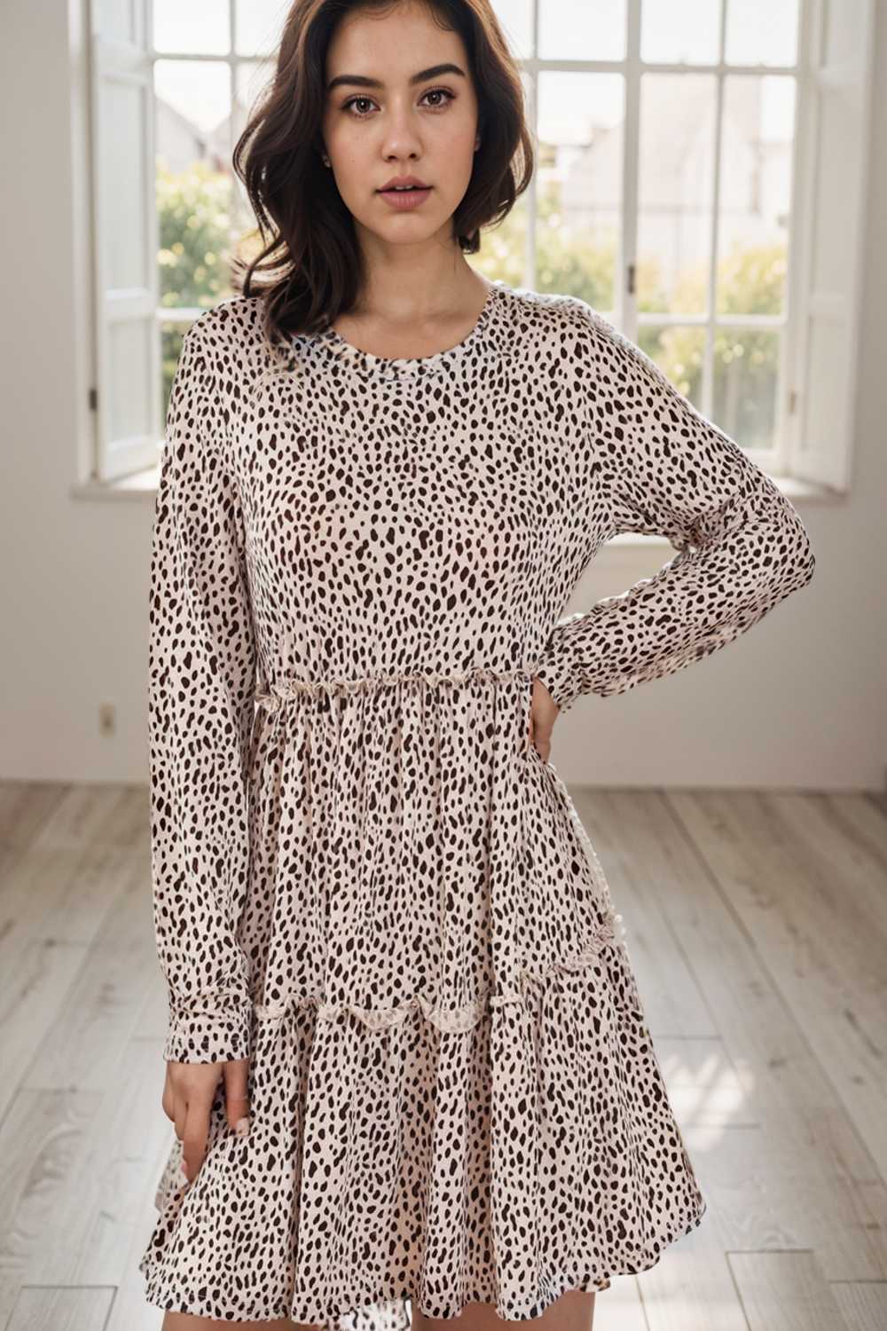 loose leopard print v neck dress drop shoulder a line closed cape paneled 134115