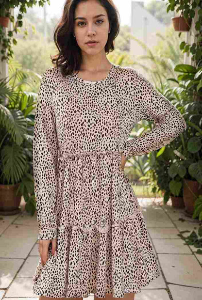 loose leopard print v neck dress drop shoulder a line closed cape paneled 118819