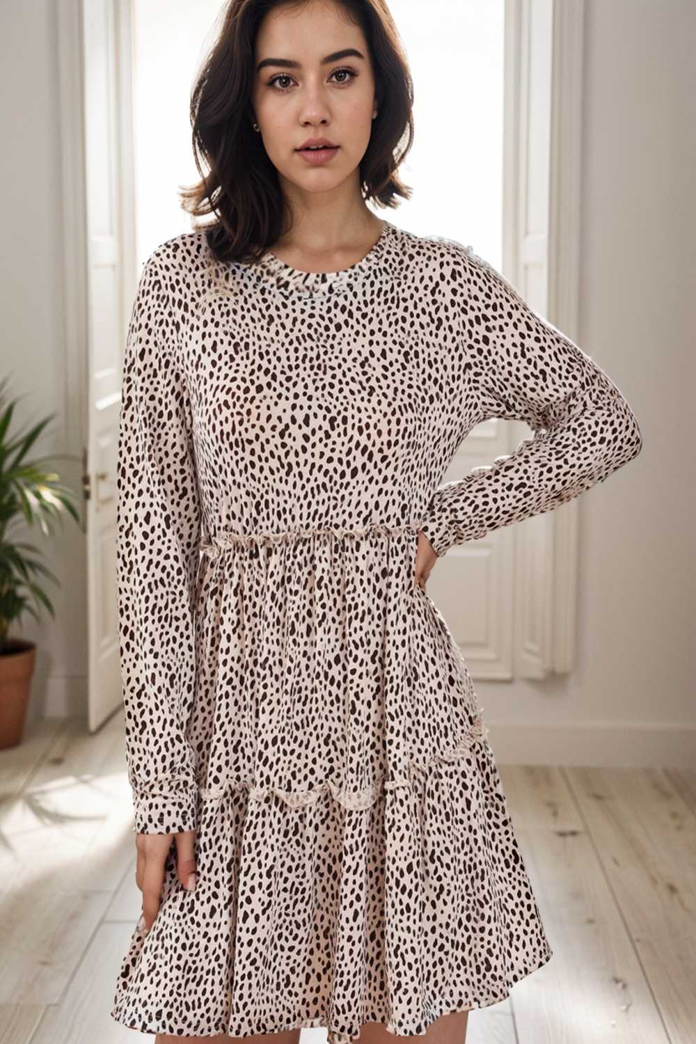 loose leopard print v neck dress drop shoulder a line closed cape paneled 134133
